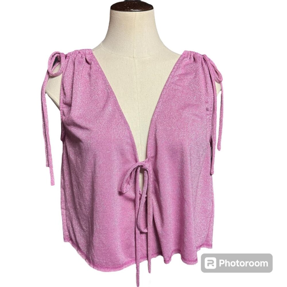 Free People Women's XS Sparkly Pink Metallic Crop Top With Adjustable Ties